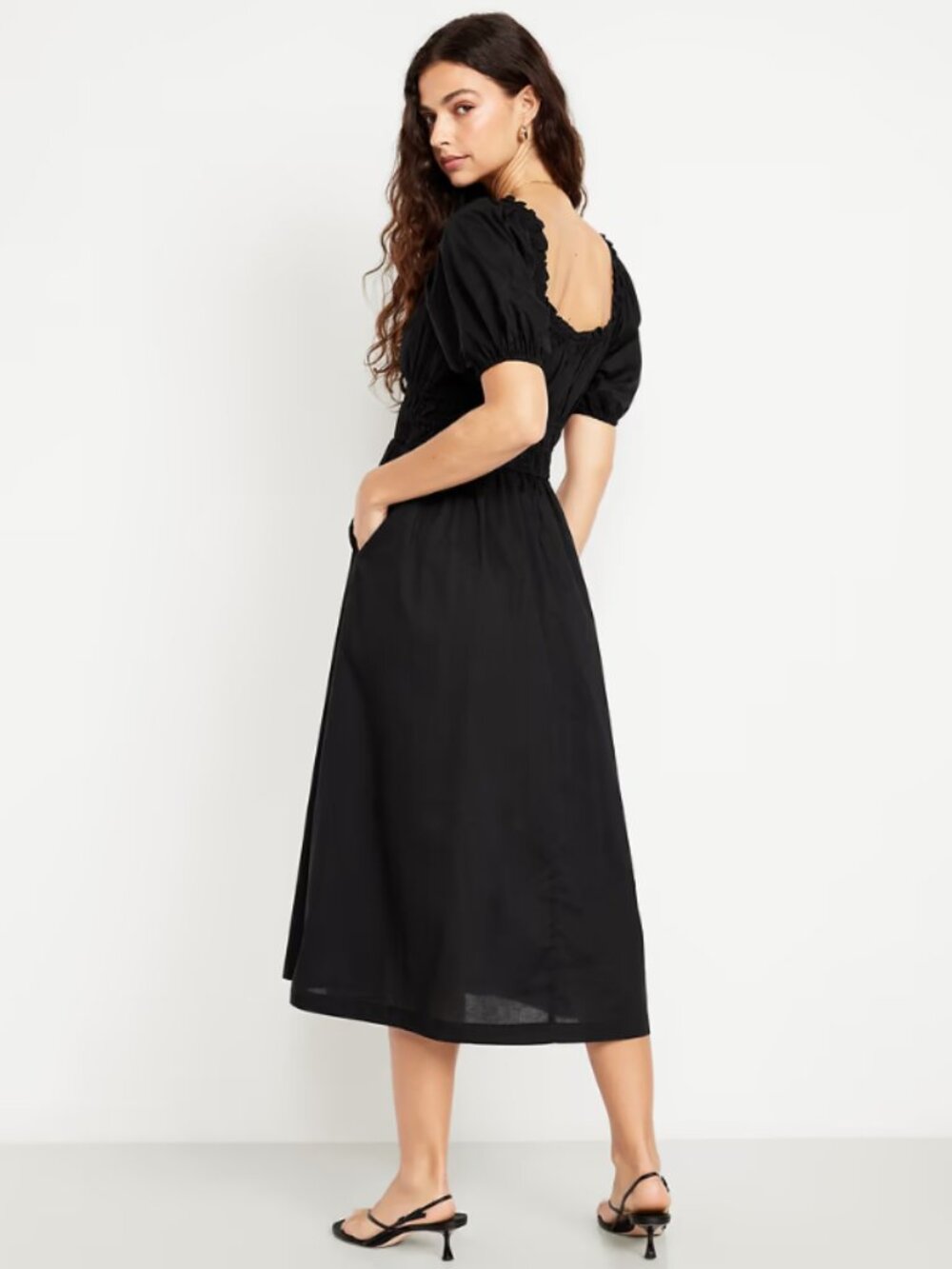 Old Navy Fit & Flare Puff-Sleeve Midi Dress in Black - Picture 2 of 8